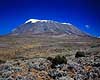 Mt. Kilimanjaro. Mt. Kilimanjaro, Kibo point (5895 m.) med alpin hede i forgrunden ( Scan af KOL5788 )  Mt. Kilimanjaro NP Tanzania Afrika  bjerge, bjerglandskaber, gletcher, gletchere, glaciologi, afsmeltning, global opvarmning, vulkan, vulkaner