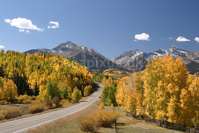 Efter�r i Colorado. Landskab i efter�rsfarver i Colorado nord for Cortez; ; Colorado; USA; Nord Amerika; ; L�vfald, gult, landskaber