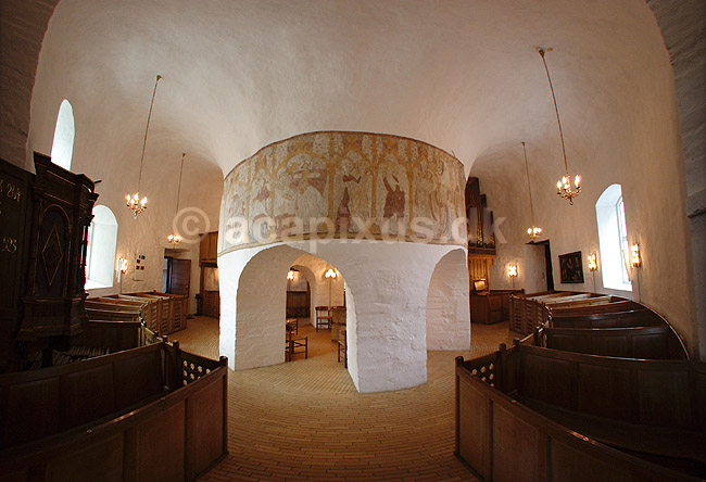 �sterlars. Kirkerummet i �sterlars Kirke - �ster Larsker - 180 graders panorama; ; �sterlars / Bornholm; Danmark; ; ; Rundkirke, rundkirker, kirke, kirker, kristendom, religion