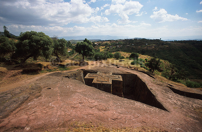 Bet Giyorgis. Den koptiske kirke Bet Giyorgis i Lalibela. Direkte udhugget i klippen; ; Lalibela; Ethiopien; Afrika; ; Kirke, kirker, kristendom, religion, koptisk, Etiopien
