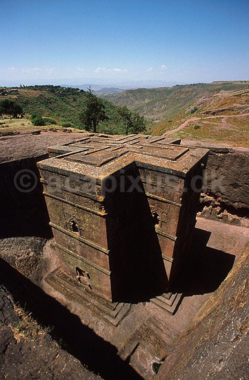Bet Giyorgis. Den koptiske kirke Bet Giyorgis i Lalibela. Direkte udhugget i klippen; ; Lalibela; Ethiopien; Afrika; ; Kirke, kirker, kristendom, religion, koptisk, Etiopien