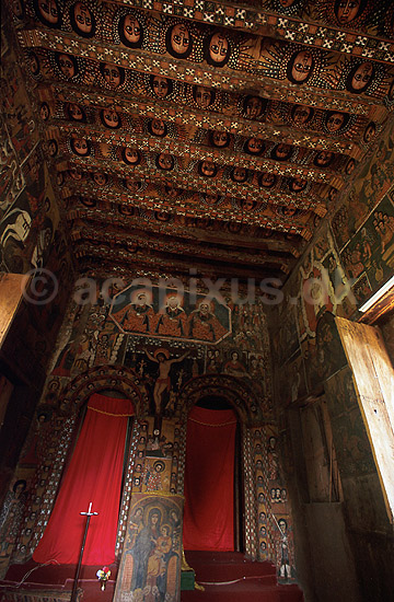 Debre Birhan Selassie. Rigt bemalede v�gge og loft i den koptiske kirke Debre Birhan Selassie i Gondar; ; Gondar; Ethiopien; Afrika; ; Kirke, kirker, kristendom, religion, koptisk, Etiopien
