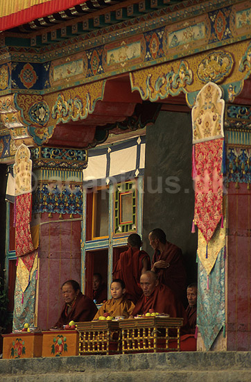 Tashilhunpo Monastery. Tibetanske buddistiske munke sidder som tilskuere til religi�s festival i Tashilhunpo klosteret i Shigatse; ; Tashihunpo / Shigatse; Tibet / Kina; Asien; ; Buddhisme, klostre, Himalaya, Panchen Lama, lamaisme, religion