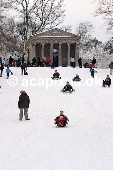 K�lkebakke. B�rn og voksne p� k�lkebakke ved Apistemplet i Frederiksberg Have; ; Frederiksberg Have / Frederiksberg; Danmark; ; ; vinter, rekreation, vintersport, k�lkning, bobsl�de, apistempel