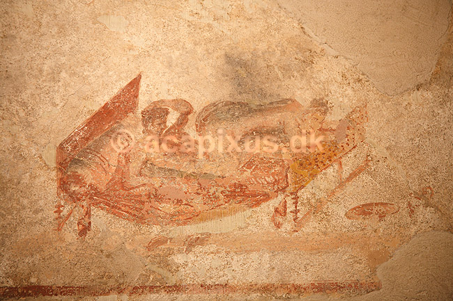 Pompeii. Erotiske v�gmalerier i Lupanaro (bordellet) i Pompeii; ; Pompeji / Pompei / Pompeii / Napoli / Campania; Italien; Europa; ; Ark�ologi, vulkaner, vulkanudbrud, pyroplastisk flow, pyroplasma, Vesuvius, Vesuv, naturkatastrofer, turistsev�rdigheder, sev�rdigheder, turisme, Romerriget, romerne, ruiner, ruinbyer, prostitution, prostitueret, prostituerede, bordeller, bordel