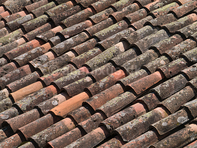 Teglstenstag. Hustag med gamle teglsten i bjerglandsbyen Barga i Toscana nord for Lucca.; ; Barga; Italien; ; ; Toscany, tegl, hustage