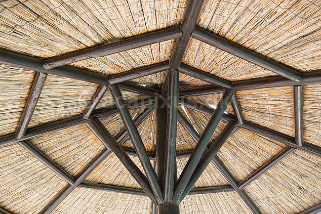 Parasol. Undersiden af sivparasol ved swimmingpool p� Lanzarote i De Kanariske �er; ; Lanzarote / Costa Teguise; Spanien; ; ; Solbeskyttelse, skygge, ferie, rejser