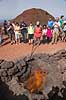 Lanzarote. Parkranger demonstrerer varmen i undergrunden ved at ant�nde kvas i et hul i Timanfaya Nationalparken p� Lanzarote i De Kanariske �er  Parque Nacional de Timanfaya / Lanzarote Spanien   Vulkaner, vulkanisme, vulkan, lava, ild, turister, turisme, charterturister