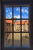 Koldinghus. Slotsg�rden i Koldinghus set gennem et vindue  Kolding Danmark   Museet p� Koldinghus, Markdanersgade 11, 6000 Kolding. Arensborg, �rneborg, Middelborg