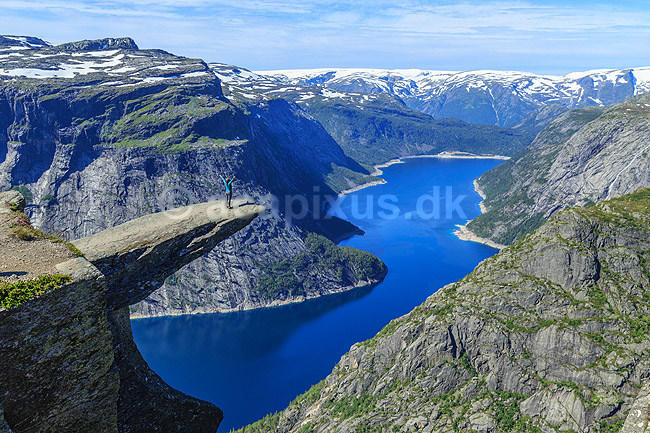 Trolltunga. Fjeldvandrer p� Trolltunga, en klippeformation der stikker ud af klippesiden 700 meter over Ringedalvatnet n�r Hardangervidda National Park; ; Trolltunga / Tyssedal; Norge; ; ; Vandring, vandretur, fjeldvandring, turisme, hiking