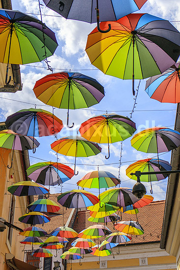Szentendre. Gade overd�kket med parasoler eller paraplyer i landsbyen Szentendre nord for Budapest, som er et yndet udflugtsm�l fra storbyen med mange sm� butikker, cafeer og restauranter; ; Szentendre; Ungarn; ; ; Regnbuefarver, farver