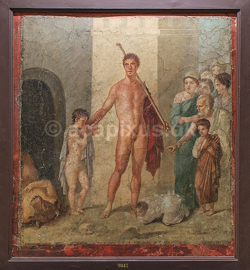 Kong Theseus. V�gmaleri fra Pompeji : Kong Theseus �res af athenerne efter at have dr�bt Minotauren, der levede der - Ark�ologisk Museum, Napoli; ; Museo Archeologico Nazionale di Napoli� / Napoli / Campania; Italien; ; Sev�rdigheder; Museer, ark�ologi, Pompeii, Pompei