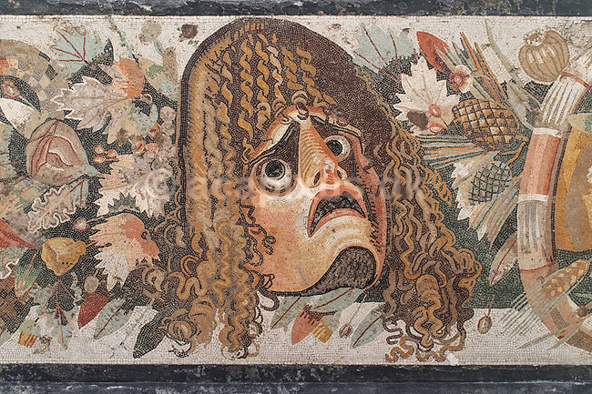 Mosaik fra Pompeji. Mosaik af tragisk teatermaske fra Pompeji - udstillet p� Ark�ologisk Museum i Napoli; ; Museo Archeologico Nazionale di Napoli� / Napoli / Campania; Italien; ; Sev�rdigheder; Museer, ark�ologi