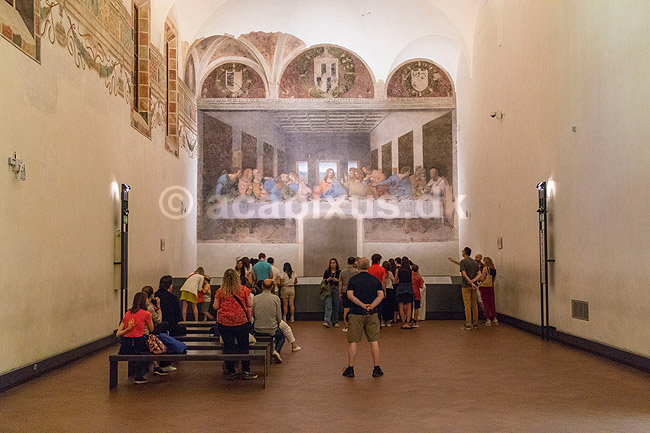 Den Sidste Nadver af Leonardo da Vinci. Jesus og hans desciple i maleriet Den Sidste Nadver af Leonardo da Vinci dateret til 1495�1498. P� v�gen i refractoriet i Santa Maria delle Grazie klosteret; ; Santa Maria delle Grazie i Milano / Milano; Italien; ; Sev�rdigheder; Il Cenacolo, La Ultima Cena, Leonardos Last Supper Museum, Kirke, kirker, kristendom, religion, katolisme