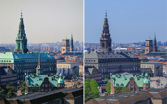 1999 vs 2024 - Christiansborg og B�rsen. Sammensat billede af KOL17288 og KOL17465 visende B�rsen med og uden spir efter branden samt Christiansborg med sit nye kobbertag. September 1999 versus Juni 2024.; ; Christianshavn / K�benhavn; Danmark; ; sev�rdigheder; Storby, beboelseshuse, lejligheder, etageejendomme, spir, t�rne, Stor K�benhavn