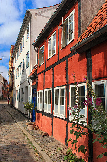 Skyttenstr�de i Helsing�r. Gamle bindingsv�rkshuse i den brostensbelagte Skyttenstr�de i Helsing�r; ; Helsing�r; Danmark; ; Sev�rdigheder; Stokroser, gader, byhuse