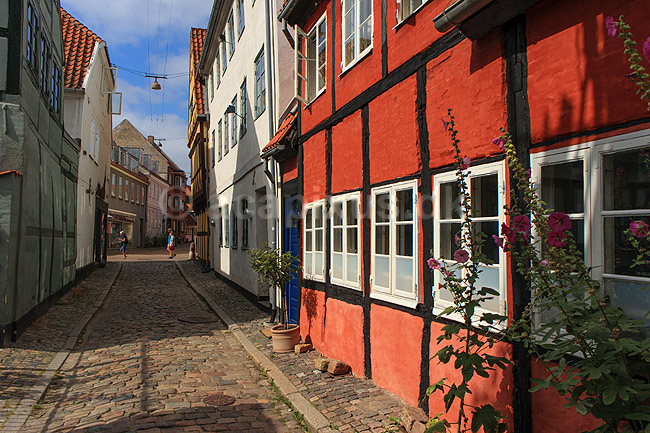 Skyttenstr�de i Helsing�r. Gamle bindingsv�rkshuse i den brostensbelagte Skyttenstr�de i Helsing�r; ; Helsing�r; Danmark; ; Sev�rdigheder; Stokroser, gader, byhuse