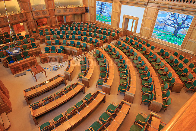 Folketingssalen. Folketingssalen p� Christiansborg; ; Christiansborg Slot / K�benhavn; Danmark; ; Sev�rdigheder; Folketinget, demokrati, regering, folkestyre