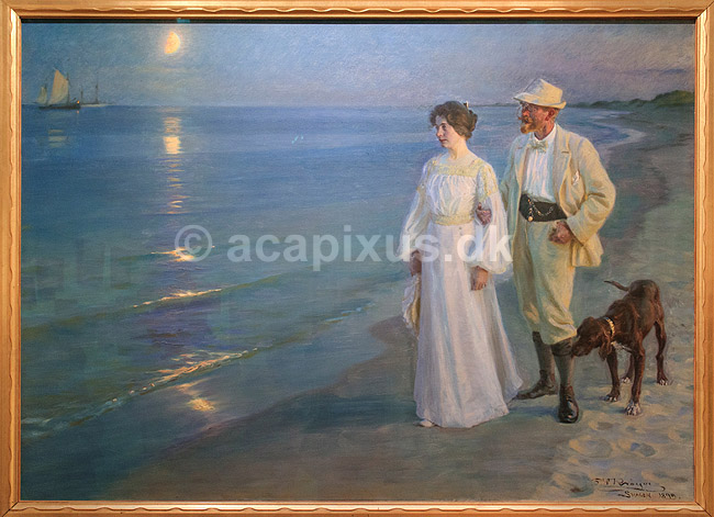 Sommeraften ved Skagens strand. Kunstneren og hans hustru. Sommeraften ved Skagens strand. Kunstneren og hans hustru, 1899. Marie og P.S. Kr�yer g�r langs Skagen Strand; ; Den Hirschsprungske Samling  / K�benhavn; Danmark; ; Sev�rdigheder; Skagensmalerne, Skagen, museum, kunstmuseum, museer, billeder, malerier, kunstmuseum, Tobaksfabrikant Heinrich Hirschsprung