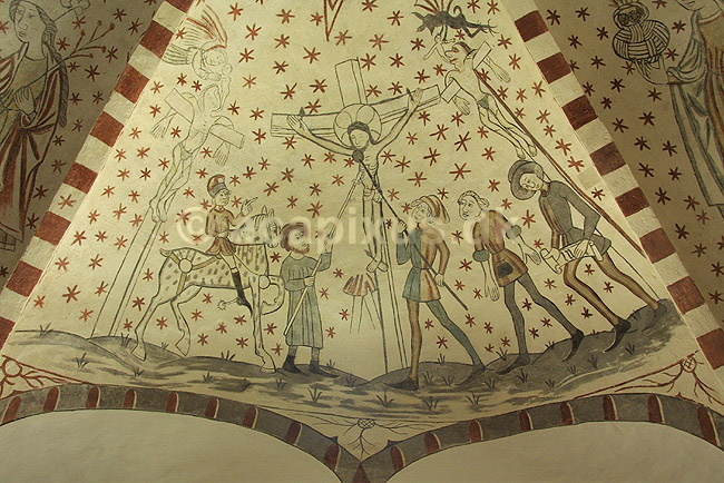 Kalkmalerier i Jetsmark kirke. Korsf�stelsen; ; Pandrup / Nordjylland; Danmark; ; ; religion kristendom kultur landsbykirker