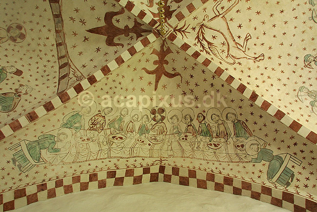 Kalkmalerier i Jetsmark kirke. Nadverens indstiftelse; ; Pandrup / Nordjylland; Danmark; ; ; religion kristendom kultur landsbykirker