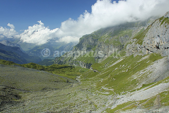 Oeschinental. Udsigt ned igennem Oeschinental fra Bl�mlisalph�tte i de Schweiziske Alper; ; Kandersteg; Schweiz; Europa; ; 