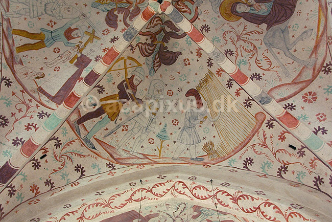 Kalkmalerier. Kalkmalerier kirkeskibet i Fanefjord Kirke; ; Fanefjord / Sj�lland; Danmark; ; sev�rdigheder; Kirkerum, elmelundev�rkstedet, elmelundemesteren, religion, kristendom