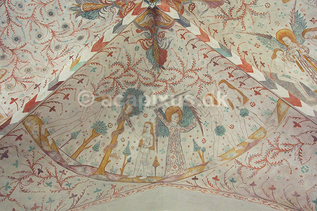 Kalkmalerier. Kalkmalerier kirkeskibet i Keldby Kirke; ; Fanefjord / Sj�lland; Danmark; ; sev�rdigheder; Kirkerum, elmelundev�rkstedet, elmelundemesteren, religion, kristendom